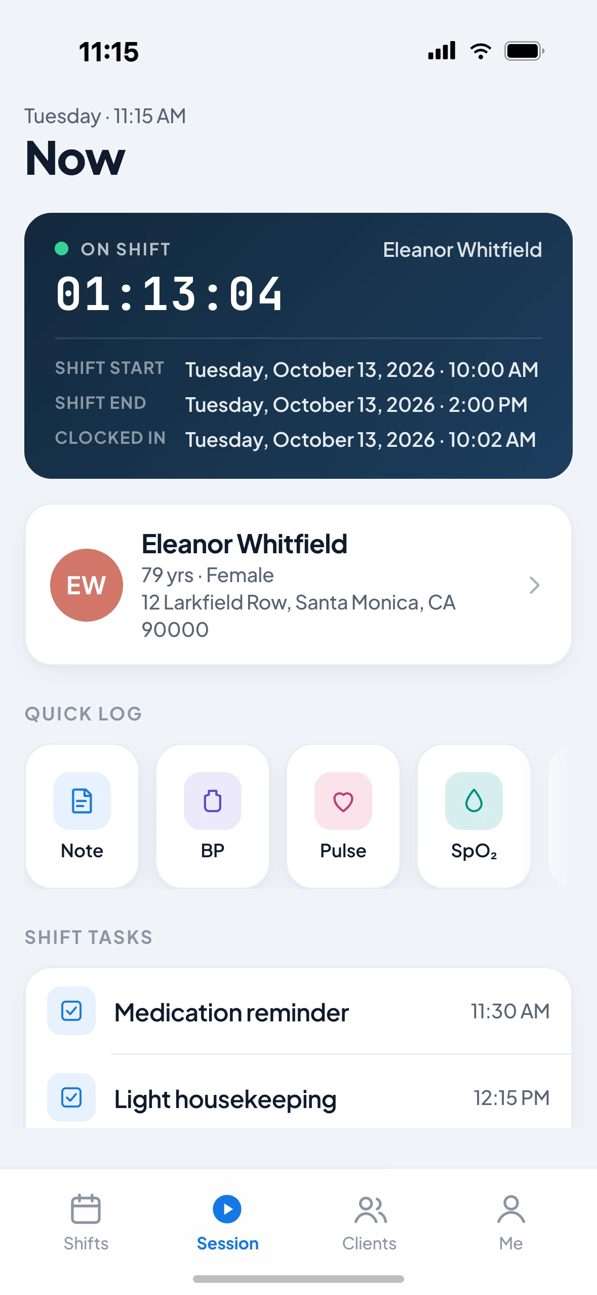 Bedside Caregiver during a shift in progress, with the shift timer, client details, quick log and shift tasks