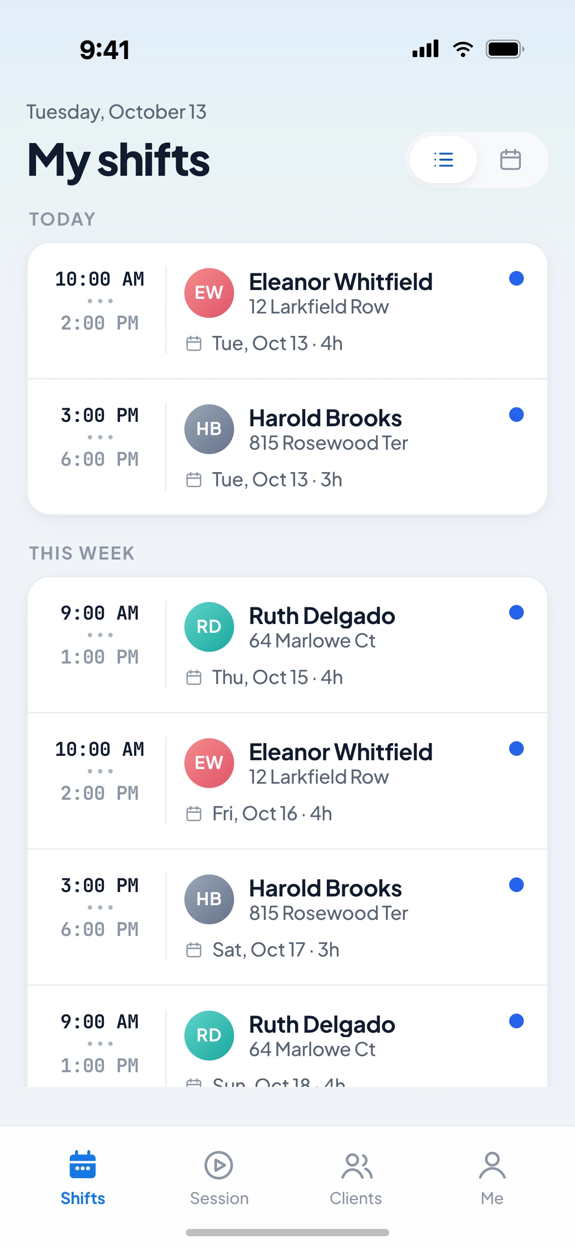 Bedside Caregiver showing a caregiver's shifts for today and the rest of the week